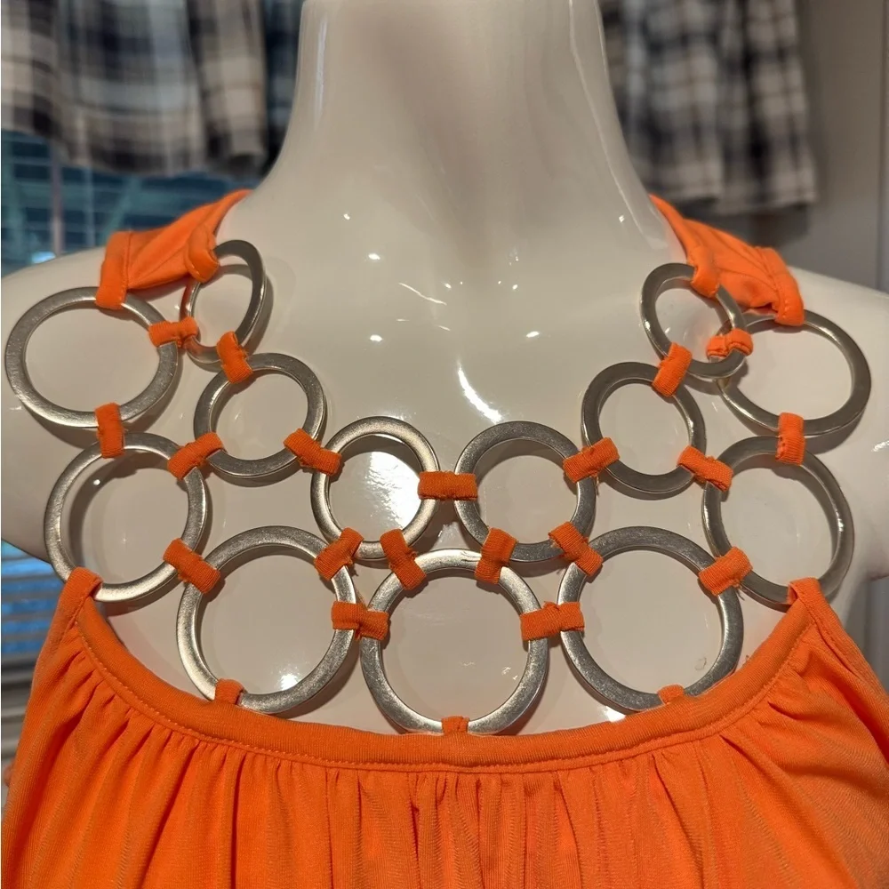 Boston Proper Orange Gold Ring Design Pullover Summer Dress size XS Knee length - Picture 3 of 11